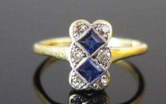 An Antique 18ct Gold and Platinum, Sapphire and Diamond Ring, c. 10.6x6mm head, size H, stamped