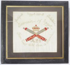 A Machine Gun Corps silkwork souvenir of Egypt, with MGC Regimental badge, " From Cecil with Love to