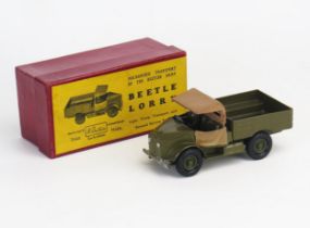 Britains No. 1877 Beetle Lorry in khaki green with tan roof and doors, driver and black rubber tyres