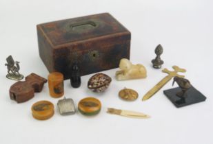 An assortment of collectables including Mauchline ware pin cushion, pill box, brass letter opener,