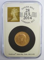 A George V 1914 Gold Sovereign in a Datestamp slab dated 28th July 2014, ref: A37-0048. Previously