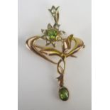 An Antique 9ct Gold, Peridot and Seed or Cultured Seed Pearl Pendant / Brooch, c. 41mm drop, Stamped
