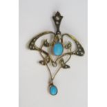 An Antique 9ct Gold, Turquoise and Seed Pearl or Cultured Seed Pearl Pendant, c. 41mm drop,