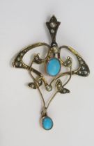 An Antique 9ct Gold, Turquoise and Seed Pearl or Cultured Seed Pearl Pendant, c. 41mm drop,