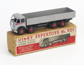 Dinky 501 Foden 8 Wheel Diesel Wagon (1st Type Cab), grey cab and back, red flashes and ridged hubs,