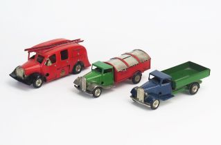 Tri-ang Minic Tinplate Clockwork Trio including Fire Engine, sided truck in dark blue with green