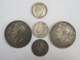 Two George IIII Silver Crowns 1822, 1826 Shilling and two others