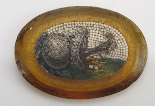 An Antique Italian Micromosaic Panel depicting a nesting bird beside a helmet or cauldron, 24.9x17.