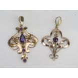 Two Modern 9ct Gold and Amethyst Pendants, largest 40.3mm drop, both stamped 9CT, 3.22g