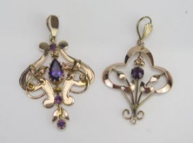 Two Modern 9ct Gold and Amethyst Pendants, largest 40.3mm drop, both stamped 9CT, 3.22g