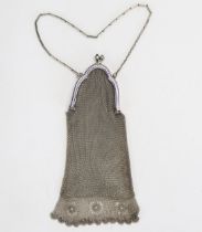 A German silver and enamel mesh purse, stamped marks, with chain link handle, 73gms, 2.36ozs