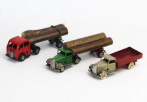 Tri-ang Minic Tinplate Clockwork Truck Trio including sided truck in grey/dark red/chrome, log truck