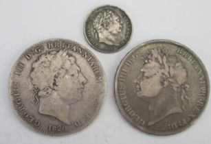 A George III Silver Crown 1820, a George IIII Silver Crown 1821 and a George III 1817 Sixpence