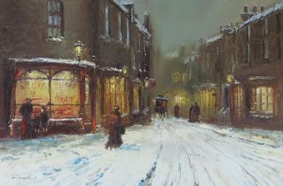 John Bampfield b.1947, British Contemporary artist, Snowy street scene, oil on canvas, signed