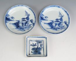 A Chinese blue and white square dish with floral decoration, Ming dynasty, 8cm wide, together with