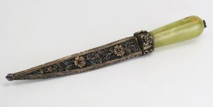 A Indo-Persian dagger, with 14cm fullered blade, jadeite handle, contained in a silver and enamelled