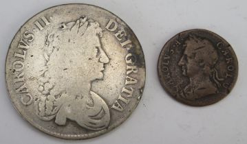 A Charles II Silver Crown 1672 and a 1675 Copper Farthing