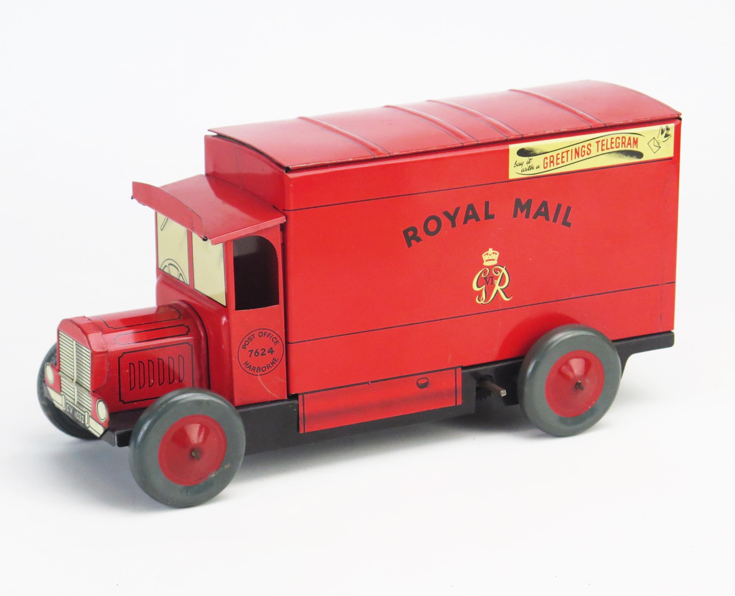 Rare Chad Valley Clockwork Tinplate Royal Mail Van CV 1032 in red "ROYAL MAIL" and "GR VI" crest