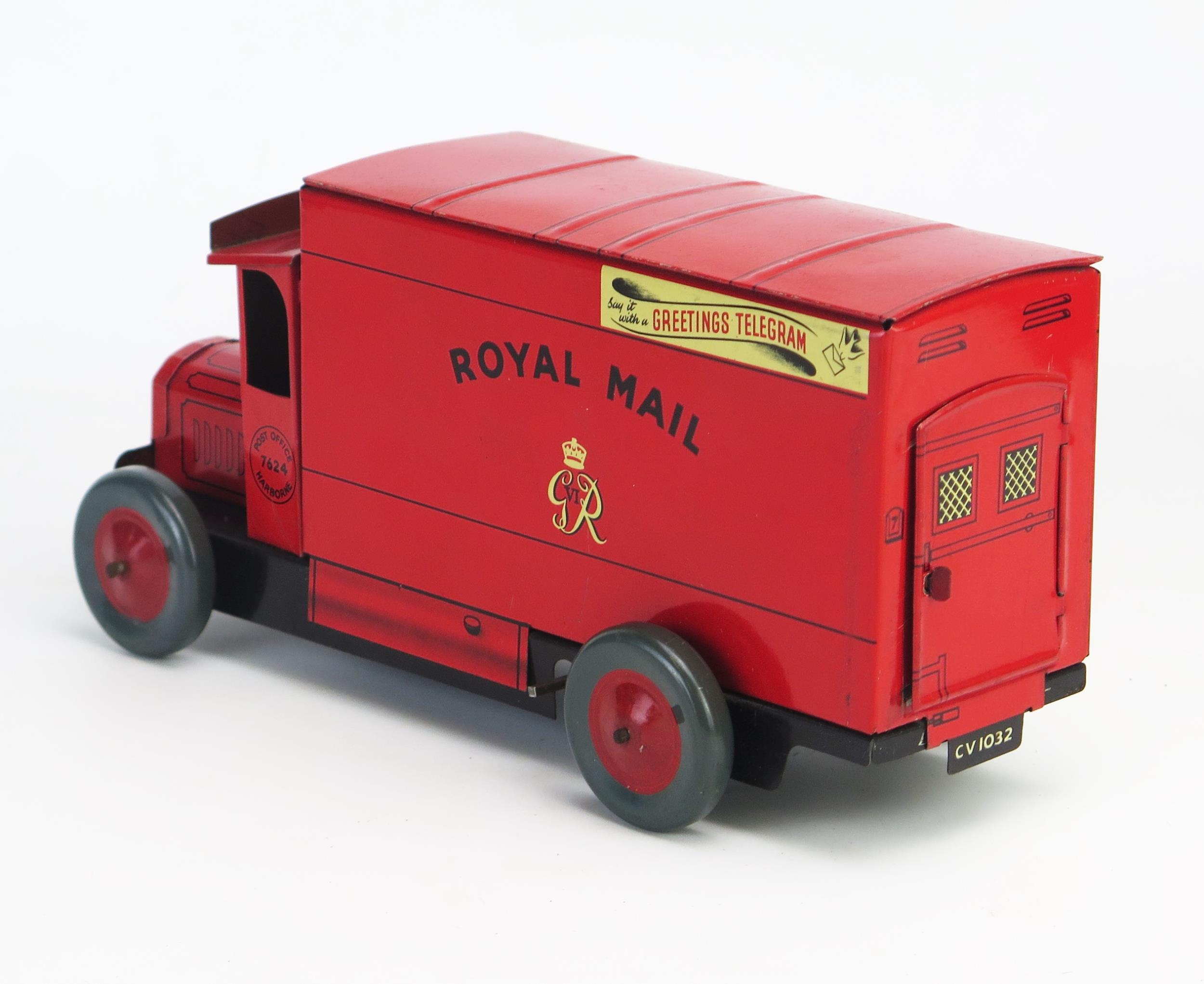 Rare Chad Valley Clockwork Tinplate Royal Mail Van CV 1032 in red "ROYAL MAIL" and "GR VI" crest - Image 4 of 8