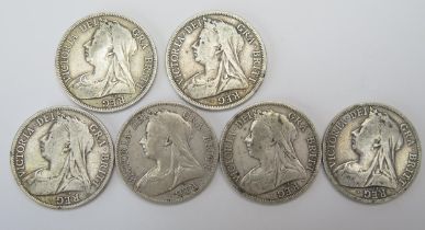 Six Victorian Silver Half Crowns _ 2 x 1895, 2 x 1896, 1898 and 1900
