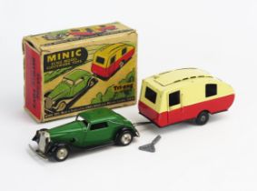 Tri-ang Minic Tinplate Clockwork Car and Caravan Set consisting of Vauxhall Cabriolet in green