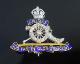 A Fine Royal Artillery Diamond and Enamel Brooch in a precious white and yellow metal setting,