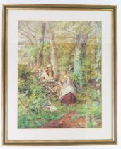 H J Hosking? Large c19th watercolour of a woodland picnic scene, 57 x 44cm, F & G