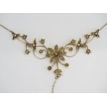 A Victorian 15ct Gold and Pearl or Cultured Pearl Foliate Necklace with twin articulations either