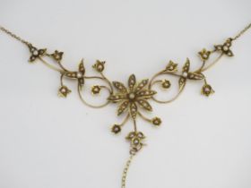 A Victorian 15ct Gold and Pearl or Cultured Pearl Foliate Necklace with twin articulations either