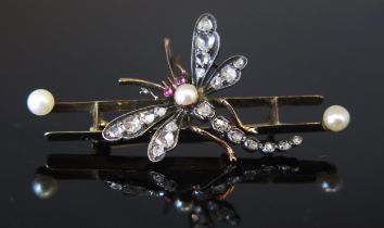 An Antique Rose Cut Diamond, Cabochon Ruby and Pearl or Cultured Pearl Insect Brooch in a precious