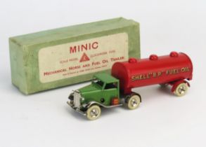 Tri-ang Minic Tinplate Clockwork Mechanical Horse And Fuel Oil Tanker - cab in light green/chrome,