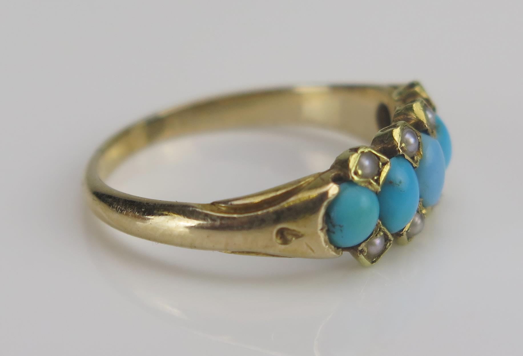 A Victorian Turquoise and Seed Pearl or Cultured Seed Pearl Ring in a precious yellow metal setting, - Image 2 of 2