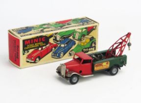 Tri-ang Minic Tinplate Clockwork Breakdown Lorry with red cab and crane arm, dark green rear, chrome