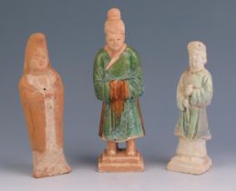 Three Chinese ancient funerary type figures of a priest and two others, with ancient world labels