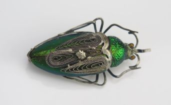 A 'Jewel' Beetle (Buprestidae) Iridescent Brooch with silver filigree mount, 50.3mm