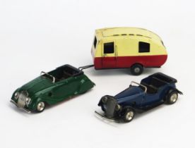 Tri-ang Minic Tinplate Clockwork Trio including Streamlined Car in green, Vauxhall Tourer in dark