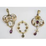 Three 9ct Gold Pendants, the largest set with a baroque pearl or cultured pearl and amethyst, 46.7mm