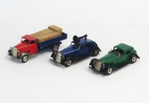 Tri-ang Minic Tinplate Clockwork Trio including Vauxhall Town Coupe in green and loudspeaker car