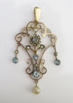 An Antique 9ct Gold, Aqua Marine and Pearl or Cultured Pearl Pendant with a suspension to each