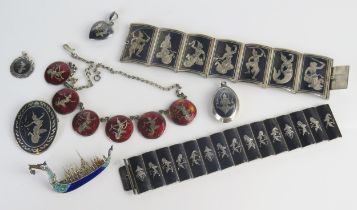 A Collection of SIAM Sterling Silver Jewellery including two niello bracelets etc., enamel dragon