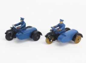 Dinky 43b RAC Motorcycle Patrol Pair both black and blue, one with pre-war solid white rubber tyres,