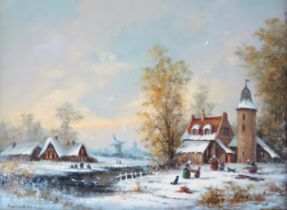 Gudrun Sibbons (1924 - 2020) German artist, continental snowy village scene, oil on board, signed