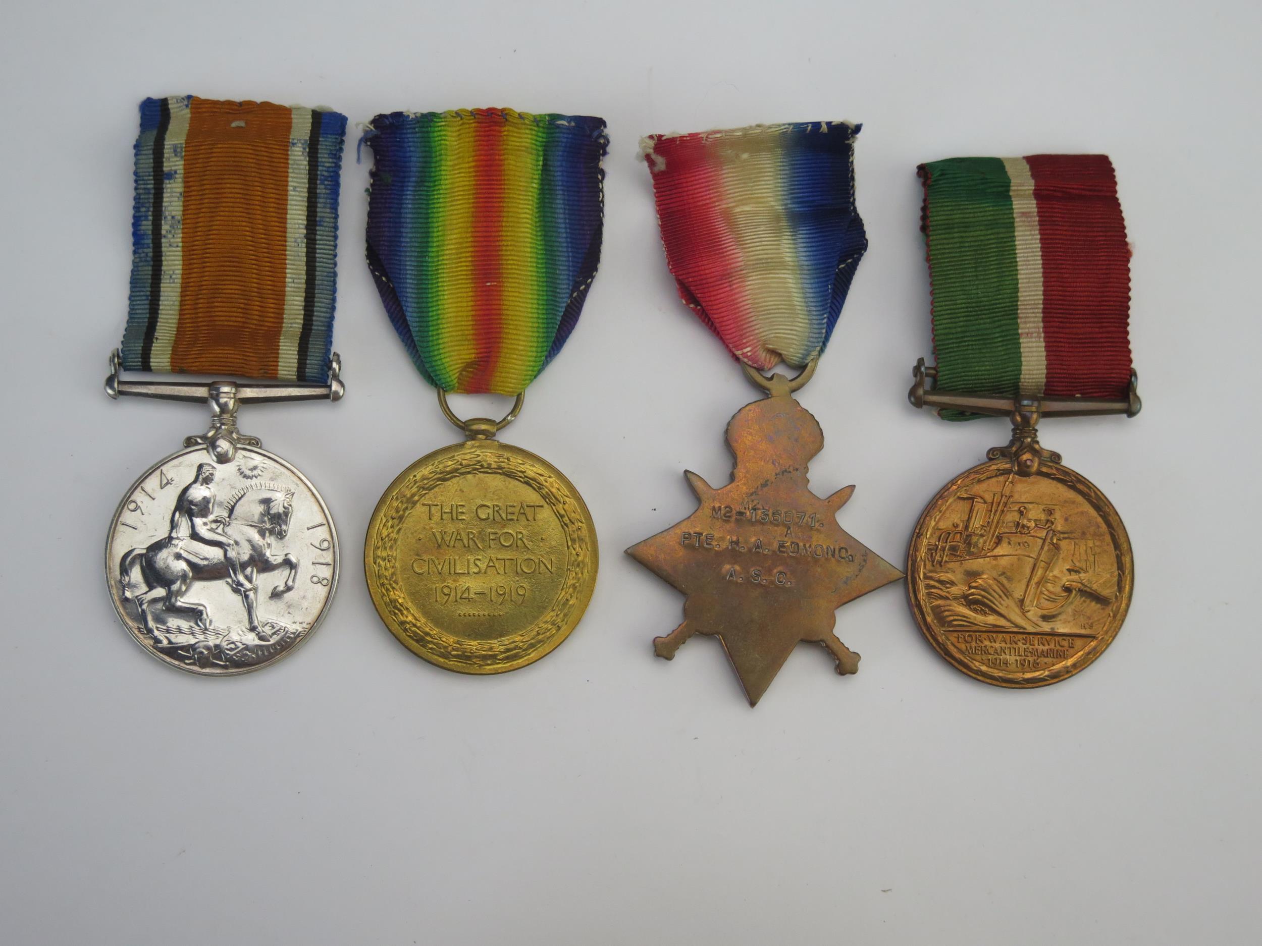 A World War I trio to M2-136071. Pte. H. A. Edmond. A. S. C., includes 1914-15 Star, War and Victory - Image 2 of 2