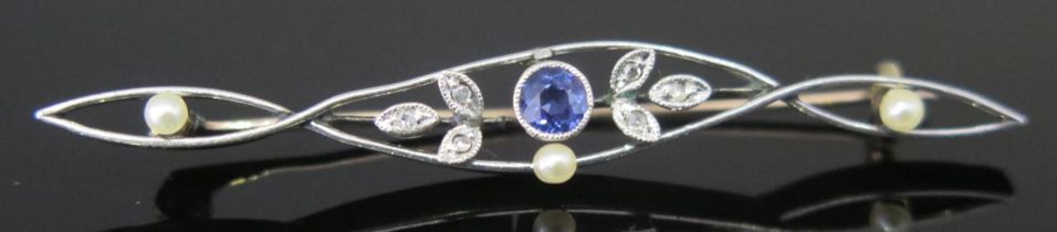 An Antique Sapphire, Rose Cut Diamond and Pearl or Cultured Pearl Brooch in a precious yellow and