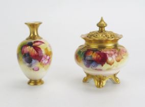 A Royal Worcester blush ivory pot pourri and cover, with blackberry painted decoration, signed K