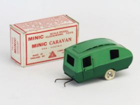 Tri-ang Minic Tinplate Caravan in two-tone green, white tyres - near mint in very good white and red