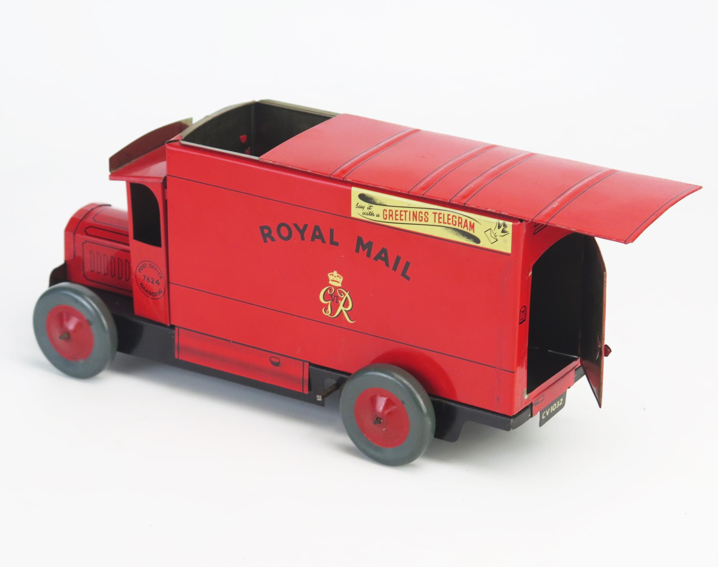 Rare Chad Valley Clockwork Tinplate Royal Mail Van CV 1032 in red "ROYAL MAIL" and "GR VI" crest - Image 5 of 8