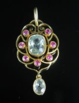 A Murrle Bennett 15ct Gold, Aqua Marine and Ruby Pendant, 38.77mm drop, stamped MB 15CT, 8.3x7.1mm