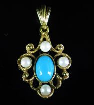 A 9ct Gold, Turquoise and Pearl or Cultured Pearl Pendant, millegrain set, 26mm drop, hallmarked,