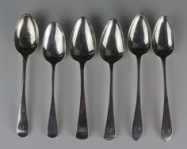 Four assorted Old English pattern dessert spoons, various makers and dates, together with a pair